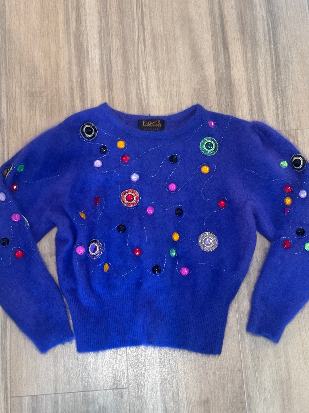 Vintage Angora Premier Royal Blue Sweater with Multicolor Bead Embellishments